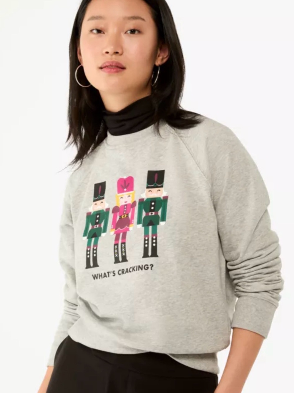 kate spade Gray Crewneck Sweatshirt with Pink & Green Nutcracker Graphic
